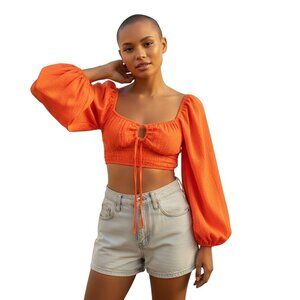 H&M Divided Womens Orange Crop Top S Square Neck Long Puff Sleeves Polyester & E